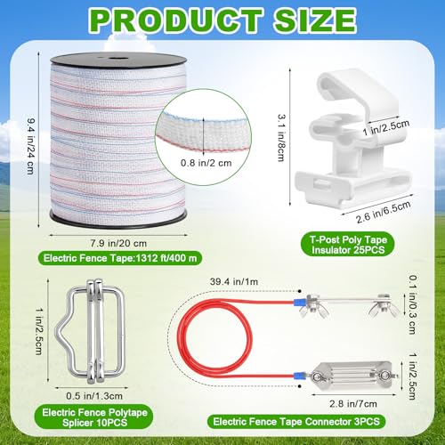 Kingdder 39 Pack Electric Fence Kit Include 3/4 Inch x 1312 ft Electric Fence Tape 25 T-Post Poly Tape Insulator 3 Connectors 10 Polytape Splicer for Livestock Deer Garden Protection Farm Enclosure