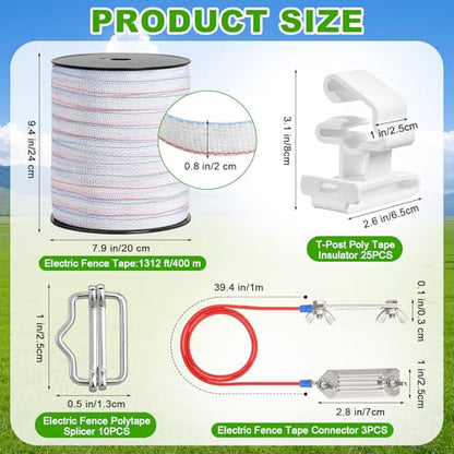 Kingdder 39 Pack Electric Fence Kit Include 3/4 Inch x 1312 ft Electric Fence Tape 25 T-Post Poly Tape Insulator 3 Connectors 10 Polytape Splicer for Livestock Deer Garden Protection Farm Enclosure