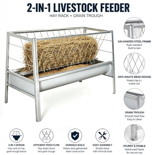 77 Gallon Pasture Feeder, Galvanized Steel 2-in-1 Hay & Grain Feeder, Goat Feeder with Anti-Spill Grid Design, Efficient Feeding for Goats, Sheep, Cattle in Small Farms & Large Breeding Sites