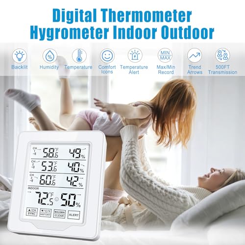 Indoor Outdoor Thermometer Wireless with 3 Remote Sensors, Digital Temperature Humidity Monitor Gauge with 500FT/150M Range, Temp Alert and Backlight