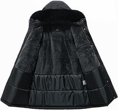 MOERDENG Women's Long Winter Down Coat Thicken Fleece Lined Parka Warm Puffer Jacket With Faux Fur Detachable Hood - color: Black, size: Large