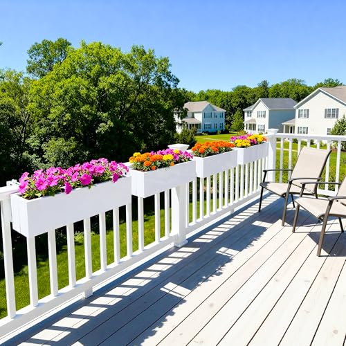 Metal Railing Planter Box, 30 Inch Balcony Planters with Adjustable Brackets, Large Hanging Planters for Outdoor Fence Deck - color: White