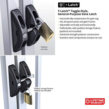 D&D TECHNOLOGIES TL01 T-Latch Action Gate Latch, Padlock Gravity Gate Latch, for Any Square Metal, Wood, Vinyl Gates