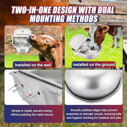 NYXOVA Automatic Animal Drinking Water Bowl, 304 Stainless Steel Livestock Waterer with Float Valve for Horse, Cattle, Goat, Sheep, Pig and Dog（Without Drainage Hole）
