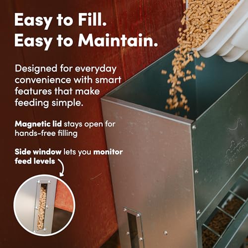 RentACoop Metal Trough Feeder with Lid & Rain Cover – Galvanized Steel – Side View Window – Moveable Grate for Easy Cleaning – Suitable for Chickens, Ducks, Poultry & More – 50lb Capacity - size: 50LB Capacity