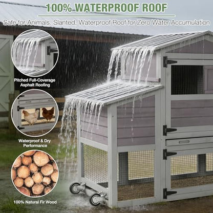 Mobile Chicken Coop with Wheels for 4-6 Chickens, Large Wooden Hen House Expandable Duck Cage with Run, 2 Nesting Boxes, Easy Clean Pull-Out Tray, Waterproof Asphalt Roof (Grey) - size: 80.6"L x 26.6"W x 42.4"H