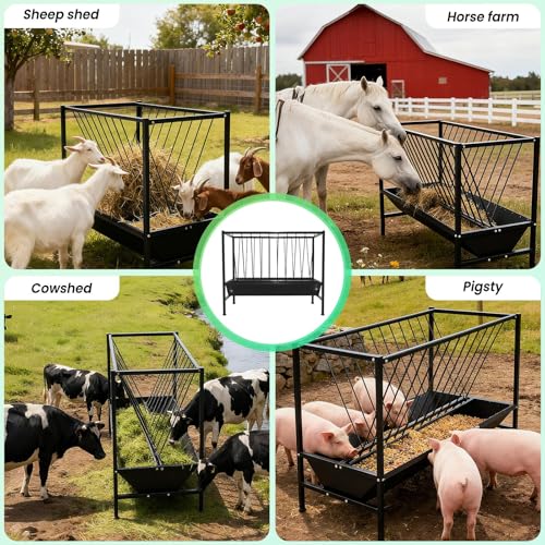 45 Gallons Heavy Duty Hay Feeder with 25 Gallon Feed Tray, Surface Galvanizing Treatment Goat Hay Feeder, Non Deformed Livestock Shelter, Quick Assembly Hay Feeder for Cows, Goats, Horses, Pigs