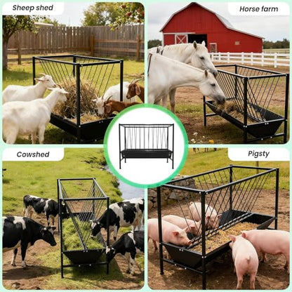 45 Gallons Heavy Duty Hay Feeder with 25 Gallon Feed Tray, Surface Galvanizing Treatment Goat Hay Feeder, Non Deformed Livestock Shelter, Quick Assembly Hay Feeder for Cows, Goats, Horses, Pigs