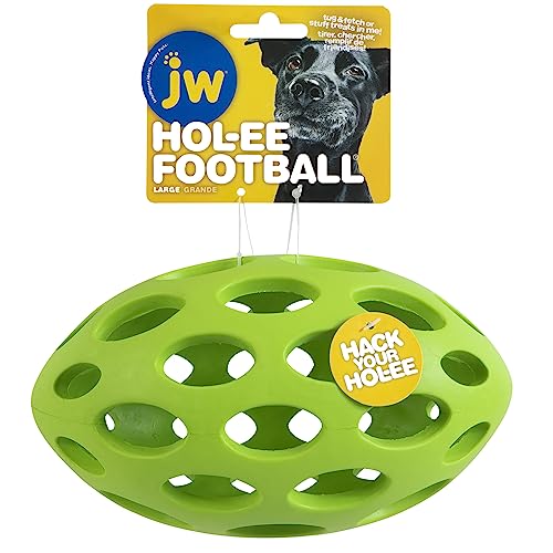 JW Pet Hol-ee Football Dog Toy Puzzle Ball, Natural Rubber, Large (9 Inch Length), Colors May Vary - size: Large