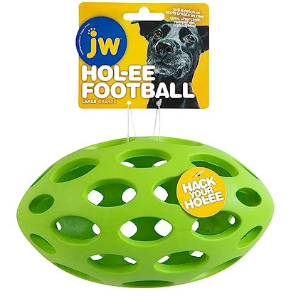 JW Pet Hol-ee Football Dog Toy Puzzle Ball, Natural Rubber, Large (9 Inch Length), Colors May Vary - size: Large