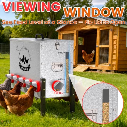 21Gal Large Automatic Chicken Feeder - 12 Port No Waste Poultry Feeder, Rust-Proof Alloy Steel with Locking Lid & Adjustable Legs for Chickens, Ducks, Geese, Poultry - size: 21GAL-110LB