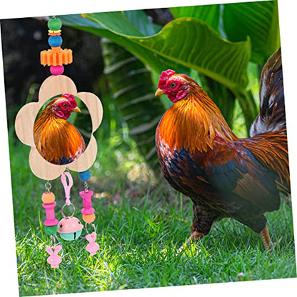 SUPVOX Wooden Hanging Mirror for Chickens Bells Interactive Pet Chicken Toy for Coop Enrichment Curiosity and Exercise and for Hens Accessories Included