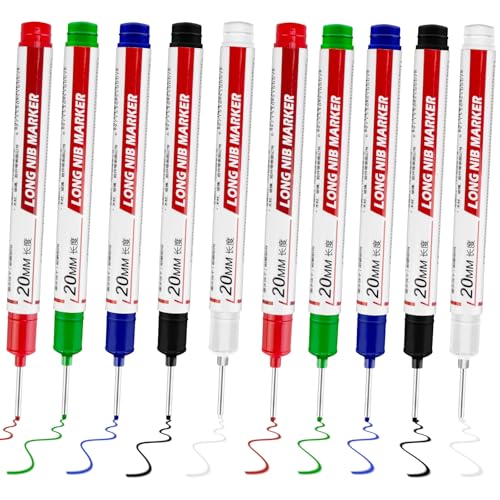 10 Pcs Long Head Deep Hole Marker - Long Nib Markers, Multi-purpose Deep Hole Marker Pens, Quick Dry Waterproof Colorful Carpenter Pen Markers for Construction Bathroom Woodworking