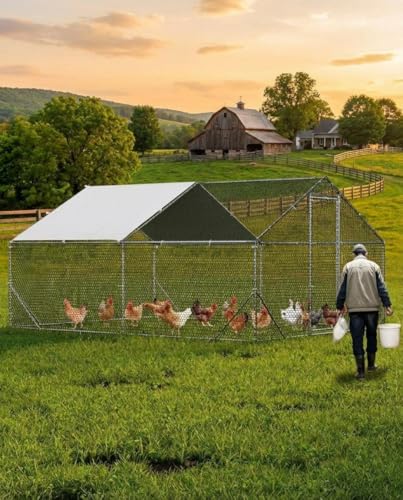 Heavy Duty Large Metal Chicken Coop for Hens –Walk-in Poultry Cage with Waterproof UV-Resistant Cover ＆ Reinforcing Ribs, Ventilated Peaked Roof Outdoor Hen House for Backyard, 9.8'Wx13.1'Lx6.5'H-1 - size: 118.1"L x 157.5"W x 78.7"H
