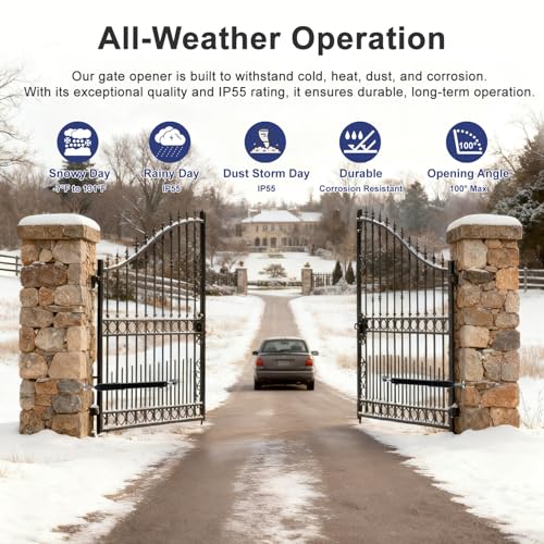 C025 Solar Gate Opener with Batteries & Solar Panel for Dual Swing Gates Up to 790lb 18FT per Arm Complete Automatic Gate Opener Kit with Remote Medium-Duty Electric Gate Opener Solar-Powered