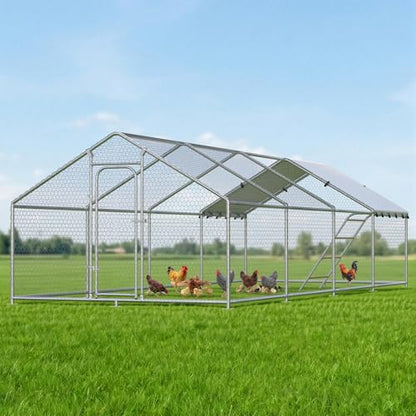 Large Metal Chicken Coop with Roosting Perch, Waterproof and UV Protection Cover, Chicken Run Outdoor Walk-in Cage Chicken Rabbit Duck Hen House for Yard Farm Use Spire Roof (10’ W x 26.2’ L x 6.4’ H) - size: 315.0"L x 118.0"W x 78.0"H
