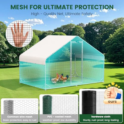 Large Metal Walk-in Chicken Coop with Run & Hardware Cloth, Predator-Proof Outdoor Poultry Cage with Solar Light, Waterproof & UV-Resistant Cover for Backyard Farm - size: 118.0"L x 78.0"W x 78.0"H