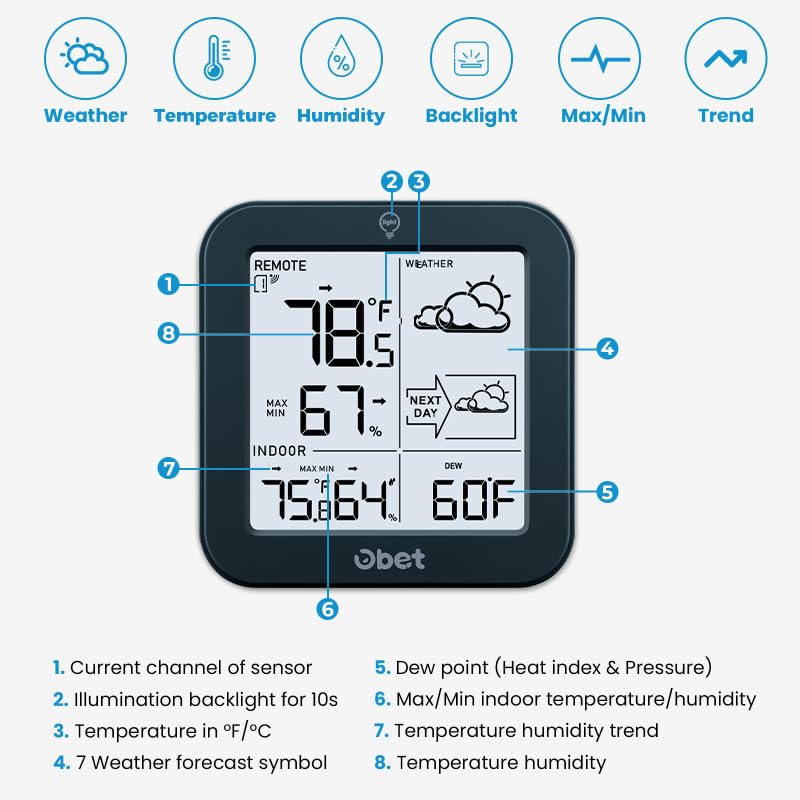 Weather Station Wireless Indoor Outdoor Thermometer, Digital Room Thermometer and Hygrometer with 500ft Range Remote Sensor, Backlight Display, Battery Operated - color: Black