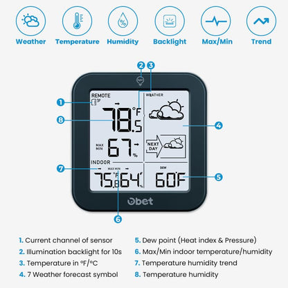 Weather Station Wireless Indoor Outdoor Thermometer, Digital Room Thermometer and Hygrometer with 500ft Range Remote Sensor, Backlight Display, Battery Operated - color: Black