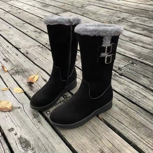 Women's Mid Length Boots Suede Snow Boots Metal Buckle Furry Wedges Booties Outdoor Thick Insulation Warm Plus Fleece shoes - color: Black, size: 8.5