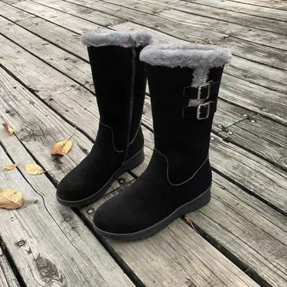 Women's Mid Length Boots Suede Snow Boots Metal Buckle Furry Wedges Booties Outdoor Thick Insulation Warm Plus Fleece shoes - color: Black, size: 7