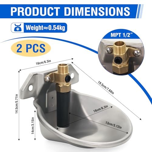 Stainless Steel Automatic Goat Waterer Livestock Sheep Water Bowl with Copper Valve and Drain Hole, Automatic Drinking Trough for Goat Sheep Calf Pig Dog (2pcs)