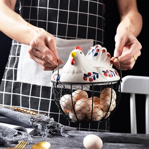 Ceramic Egg Holder, Hollow-Out Wire Chicken Egg Holder with Chicken Shaped Lid, Non Slip Basket Countertop with Handle for Gathering Fresh Eggs
