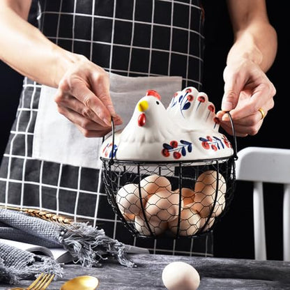 Ceramic Egg Holder, Hollow-Out Wire Chicken Egg Holder with Chicken Shaped Lid, Non Slip Basket Countertop with Handle for Gathering Fresh Eggs