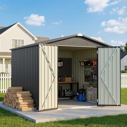 Greesum 8x8FT Outdoor Storage Shed, Utility Tool Shed Metal Storage Garden Shed with Door & Lock for Patio Storage, Black - color: Black, size: 8x8