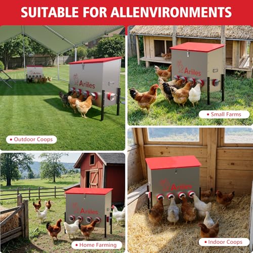 Automatic Chicken Feeder Box, 100lb Capacity, 10 No-Waste Ports, Metal Poultry Feeder with Covered Lid & Elevated Stand, Feed Dispenser for Chickens, Ducks & Backyard - size: 100 LB