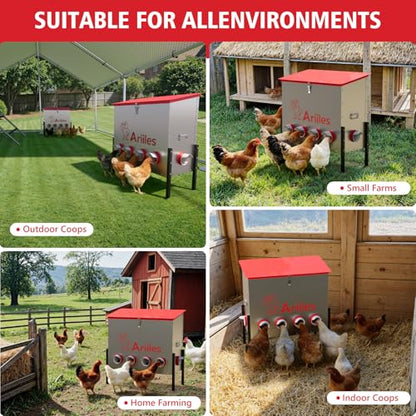 Automatic Chicken Feeder Box, 100lb Capacity, 10 No-Waste Ports, Metal Poultry Feeder with Covered Lid & Elevated Stand, Feed Dispenser for Chickens, Ducks & Backyard - size: 100 LB