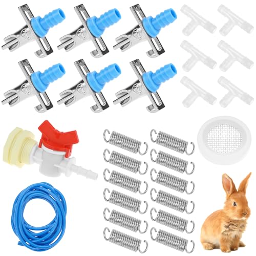 QWORK Automatic Rabbit Watering Kit with 6 Nipple Drinker Feeders, 16-Foot Hose, and Barb Fittings Connector, 1/2" G Thread