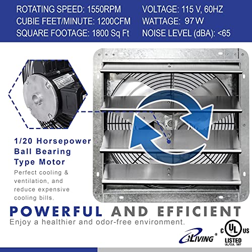 iLIVING 16" Wall Mounted Shutter Exhaust Fan, Automatic Shutter, with Thermostat and Variable Speed controller, 0.85A, 1200 CFM, 1800 SQF Coverage Area Silver (ILG8SF16V-ST) - style: Plugin Thermostat & Speed Controller