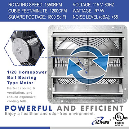 iLIVING 16" Wall Mounted Shutter Exhaust Fan, Automatic Shutter, with Thermostat and Variable Speed controller, 0.85A, 1200 CFM, 1800 SQF Coverage Area Silver (ILG8SF16V-ST) - style: Plugin Thermostat & Speed Controller