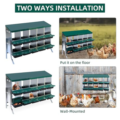 Chicken Nesting Boxes with Cleanable Pull-Out Trays - 10 Hole Metal Rollaway Nest Box for Laying Hens, Wall Mount or Placed Design for Easy Egg Collection & Cleaning