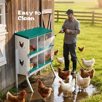 Wall Mounted Chicken Nesting Box – Weather Resistant Galvanized Steel Poultry Nest with 10 Absorbent Pads & 4 Fake Eggs, Egg Roll-Away System & Protective Lid for Coop, Barn, Backyard Hen House - size: 6 Room&Mat eggs