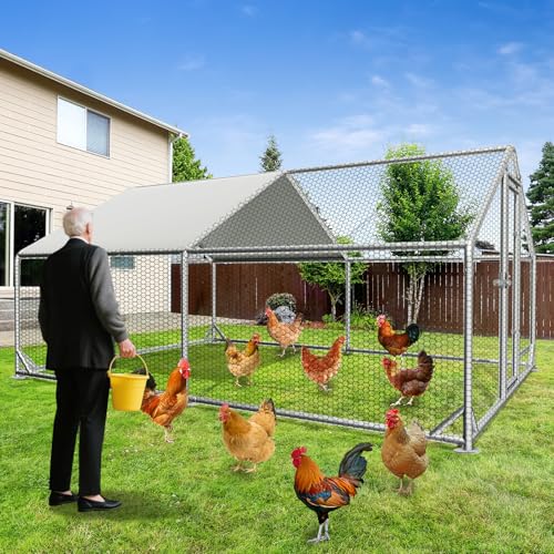 Large Outdoor Chicken Coop with Run, Metal Walk-in Poultry Cag with Waterproof & Anti-UV Cover Lockable Doors,Ducks Coop and Other Small Animals for Yard/Farm/Ranch (13.16'L x 9.88'W x 6.59'H) - size: 13.16'L x 9.88'W x 6.59'H