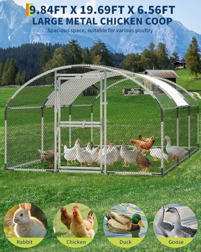 Large Metal Chicken Coop, 9.8' W x 19.7' L x 6.6' H Walk-in Poultry Cage, Chicken Run Pen House with Waterproof & Anti-Ultraviolet Cover & Lockable Doors for Outdoor