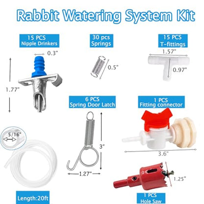 Automatic Rabbit Watering System Kit Include 15 Nipple Drinker Feeders, 20ft Hose, Watering System Bucket Connector, Hole Opener, 6 Spring Latches for Rabbit Cage Doors