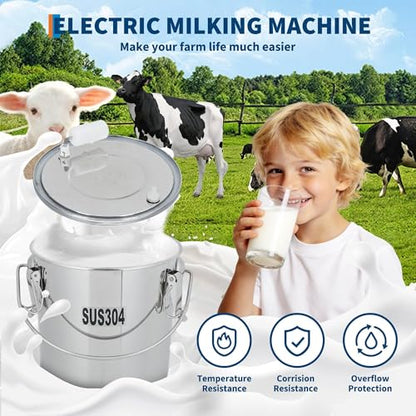 2-in-1 Electric Cow & Goat Milking Machine, Portable Milker with 0.8 gal Food-Grade Stainless Steel Bucket, 4 Teat Cups, 5200 MAh Rechargeable Battery & Pulsation Vacuum Pump