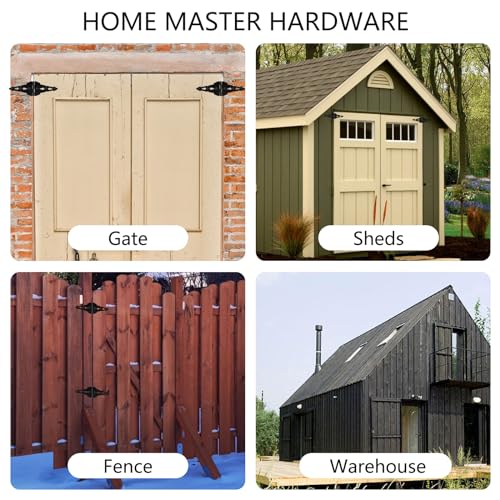 HOME MASTER HARDWARE Wood Gate Hardware Set - Heavy Duty 8" Decorative Strap Hinges and Spring Loaded Latch Kit with Screws for Outdoor Fence Swing Gate Black Finish