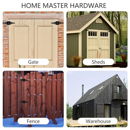 HOME MASTER HARDWARE Wood Gate Hardware Set - Heavy Duty 8" Decorative Strap Hinges and Spring Loaded Latch Kit with Screws for Outdoor Fence Swing Gate Black Finish