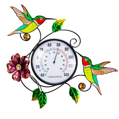 Hummingbird Outdoor Thermometer, 15" Indoor Wall Thermometers No Need Battery, Decorative Metal Thermometerfor for Home Patio Room - color: Hummingbird & Flower
