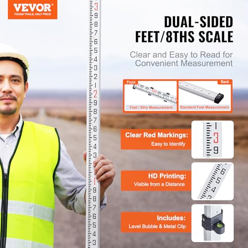 VEVOR Aluminum Grade 9-Feet 3 Sections Telescopic Measuring Rod, Double-Sided Scale 1/10ft Leveling Rod with Bubble Level & Carrying Bag for Houses, Walls, Floors - size: 9 FT-10ths
