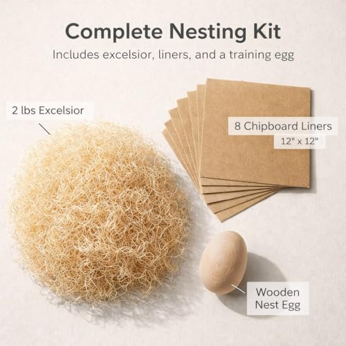 Cackle Hatchery Comfort Nests™ Chicken Nesting Kit – 2 lb Hand-Pulled Aspen Excelsior Bedding, 8 Chipboard Nest Liners & Wooden Nest Egg | Customizable Nest Box Bedding | Made in USA