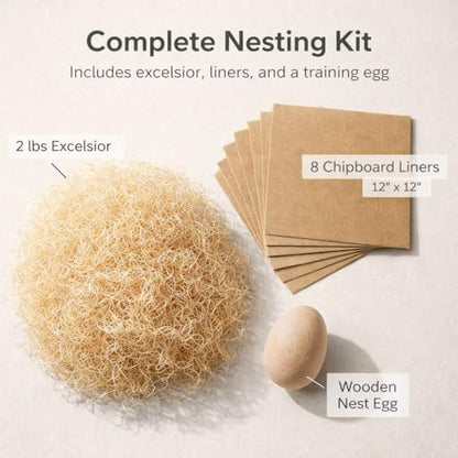 Cackle Hatchery Comfort Nests™ Chicken Nesting Kit – 2 lb Hand-Pulled Aspen Excelsior Bedding, 8 Chipboard Nest Liners & Wooden Nest Egg | Customizable Nest Box Bedding | Made in USA