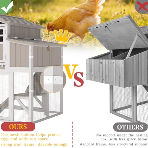 Large Chicken Coop and Run, Wooden Hen House with 4 Sectionable Nesting Boxes, Poultry Duck House for 4-10 Chickens with 5 Perches, Pull-Out Tray and Ramp, Grey