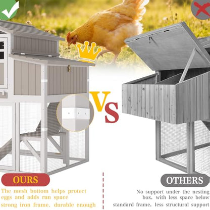 Large Chicken Coop and Run, Wooden Hen House with 4 Sectionable Nesting Boxes, Poultry Duck House for 4-10 Chickens with 5 Perches, Pull-Out Tray and Ramp, Grey