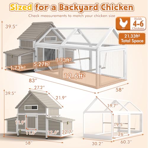 Ketive 83" L Large Chicken Coop with Run for 4-6 Chickens, Expandable Wooden Backyard Hen House Poultry Cage with 4 Reinforced Nesting Boxes, Dual Ramp Doors, Removable Slide-Out Tray, Curved Roof - size: 83.0"L x 58.0"W x 39.5"H