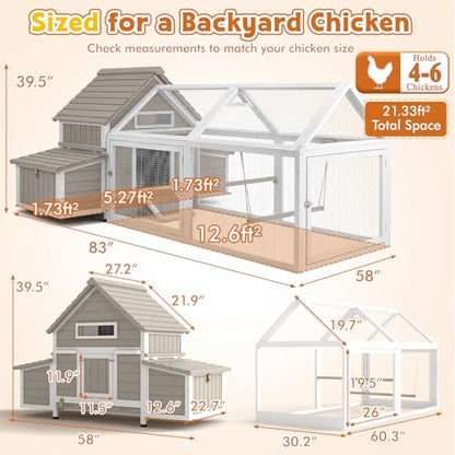Ketive 83" L Large Chicken Coop with Run for 4-6 Chickens, Expandable Wooden Backyard Hen House Poultry Cage with 4 Reinforced Nesting Boxes, Dual Ramp Doors, Removable Slide-Out Tray, Curved Roof - size: 83.0"L x 58.0"W x 39.5"H